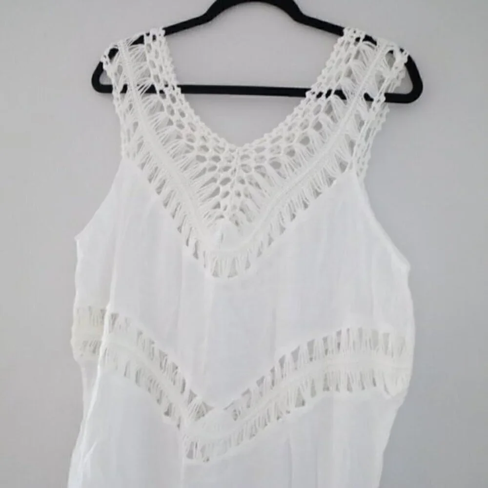 NEW White Crochet Sleeveless Tunic Bathing Suit Cover Up